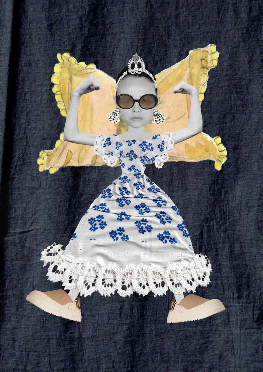 Digital collage with a crown and printed dress