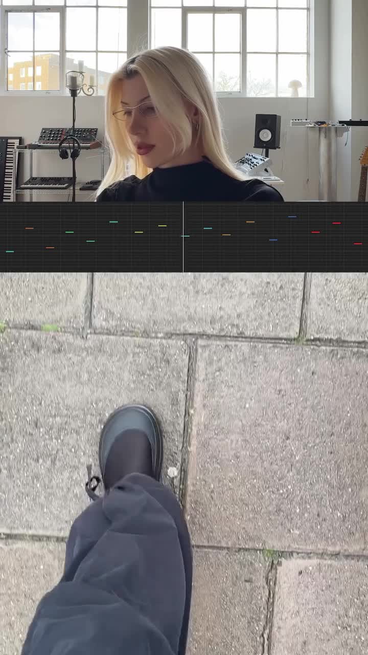 Split-screen artist collaboration featuring a blonde woman