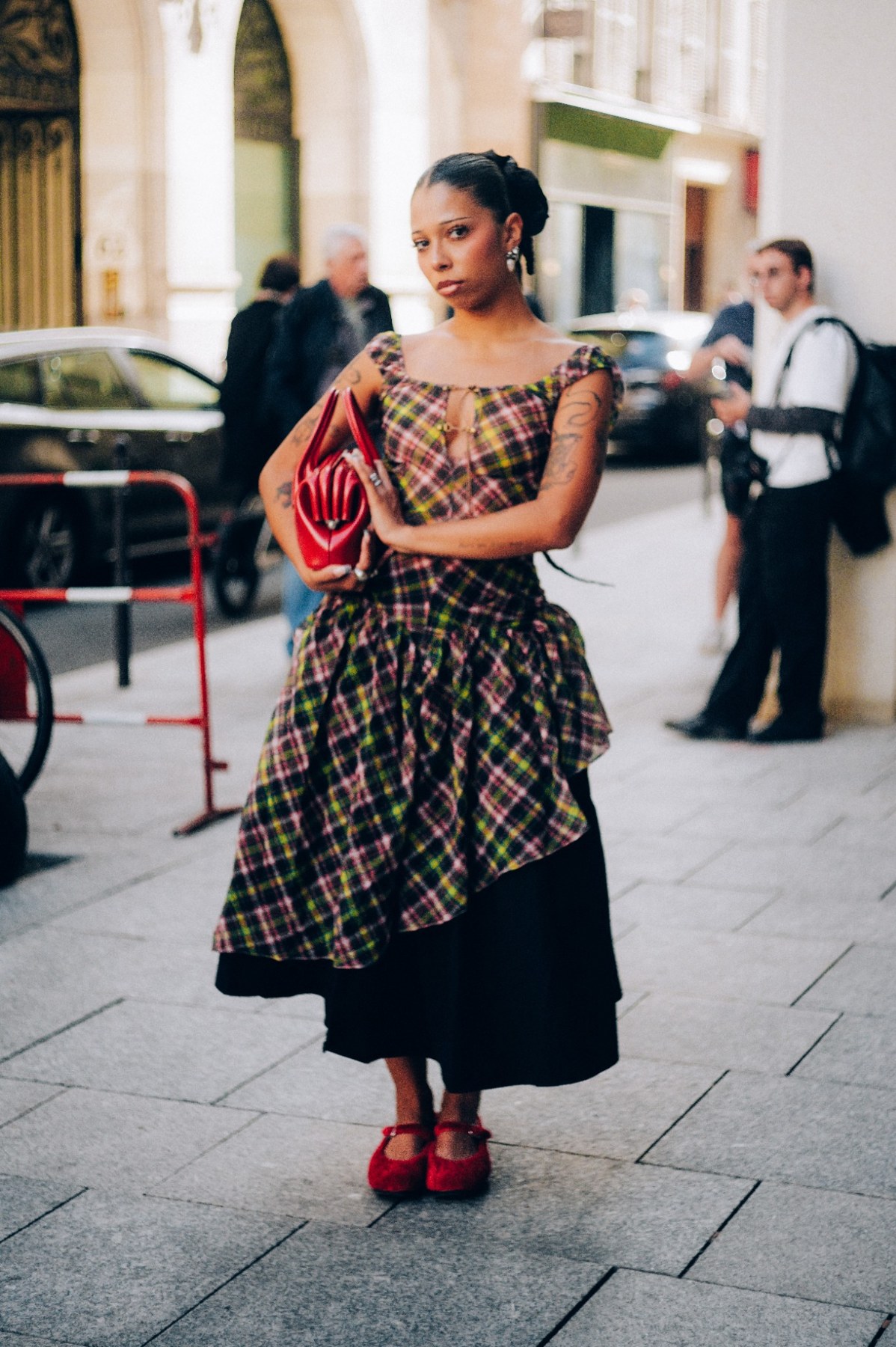 Streetstyle portrait in a checked dress